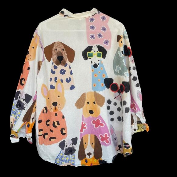 Dog Print Shirt Womens Small Colorful Button Down Oversized Long Sleeve Cute Art - Picture 2 of 7